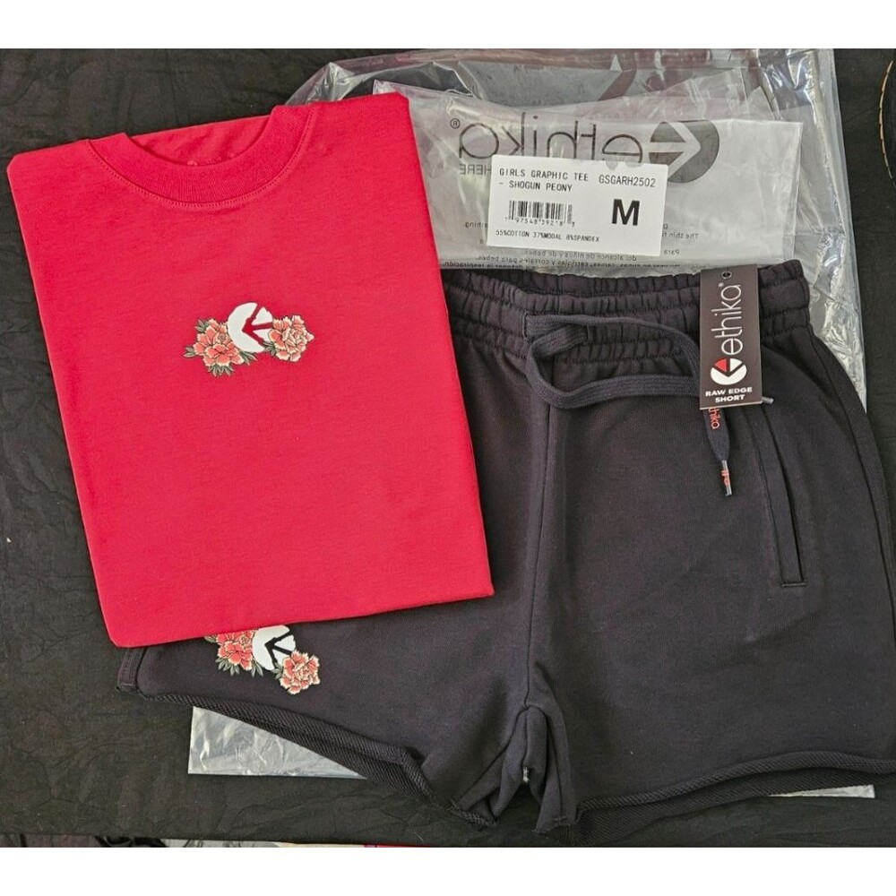 ETHIKA GIRLS SZ 8/10 SHOCUN PEONY RAW EDGE SHORT & T-SHIRT SET NWT